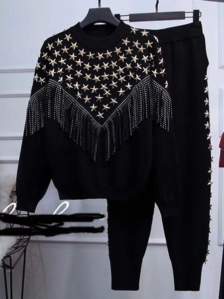 Pantaloni a due pezzi da donna Set di alta qualità Camicia a maglia con nappa a stella Leggings larghi a vita 2023 Abbigliamento alla moda autunnale