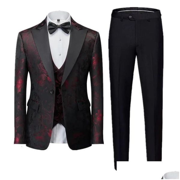 Ternos masculinos blazers homens negócios banquete jacquard terno 3 peça cavalheiros tribunal roupas homens festa de casamento noivo vestido calças masculinas otu1z