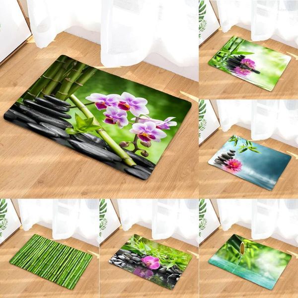 Badematten Badezimmer rutschfeste Matte Pflanze Blume Bambus Zen Stein 3D-gedruckter Bodenteppich Toilettenteppich Fußmatte 45 75 cm und 40 60 cm