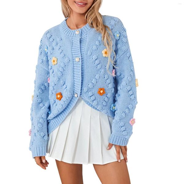 Malhas femininas moda quente crochê bege cardigan outono bordado 3d flor botão com decote em v casual camisola de malha casaco