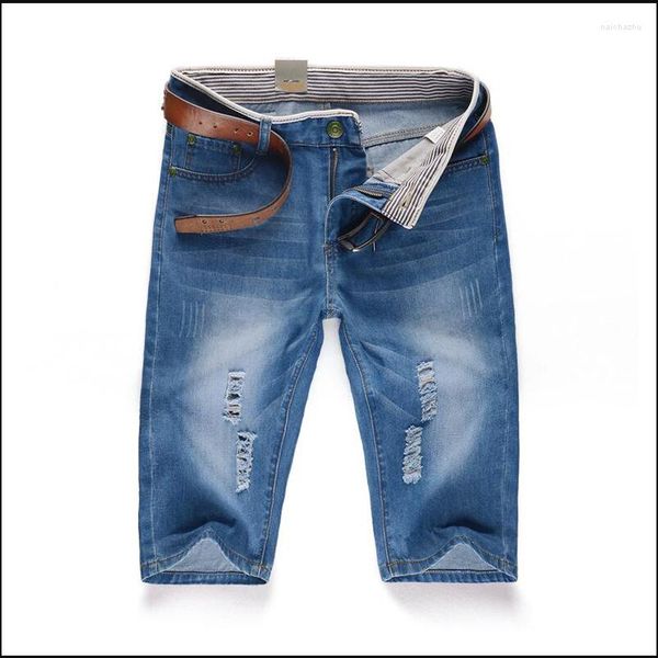 Pantaloncini da uomo Jeans strappati strappati estivi da uomo Jeans distrutti Pantaloni slim dritti azzurri