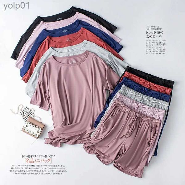 Pijamas femininos 2023 verão novo conjunto de pijama feminino modal curto sle shorts duas peças conjunto senhoras sólido solto grande camiseta homewear camisa feminina l231109