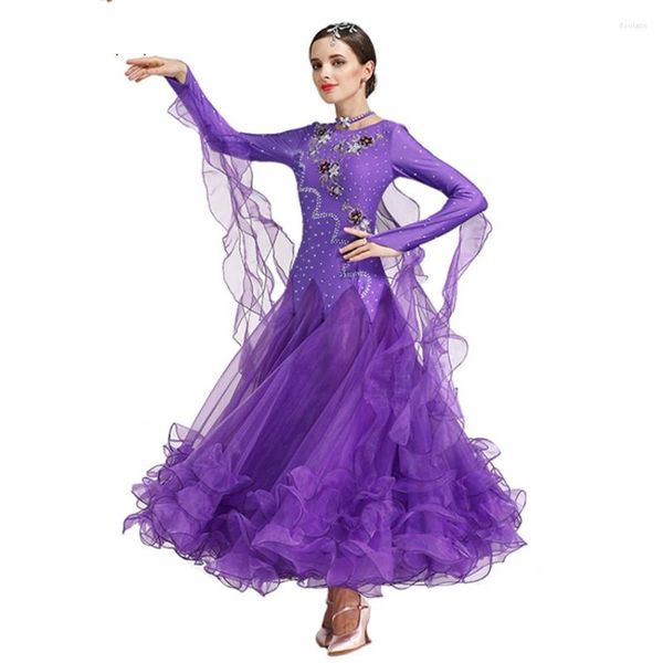 Abbigliamento da palco Valzer Vestito da competizione per sala da ballo Costume Foxtrot Strass Nastro Maniche lunghe Abiti da ballo Abiti da spettacolo