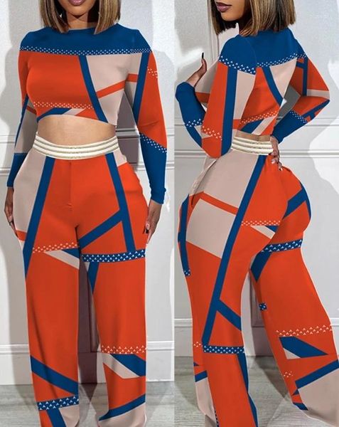 Zweiteiliges Hosen-Set für Damen, Damen-Outfit, 2023, Frühlingsmode, geometrischer Druck, Farbblock, Rundhalsausschnitt, lange Ärmel, Crop-Top, weites Bein