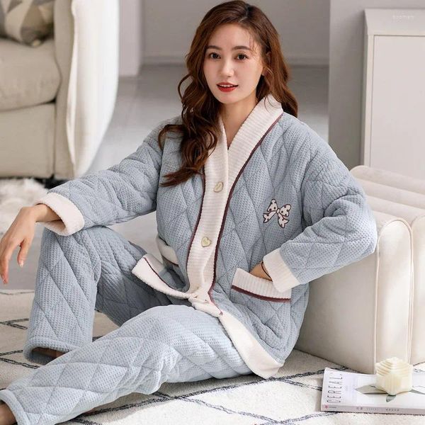 Mulheres sleepwear outono e inverno coral veludo pijama para mulheres pelúcia espessado três camadas sanduíche de algodão bonito flanela casa roupas