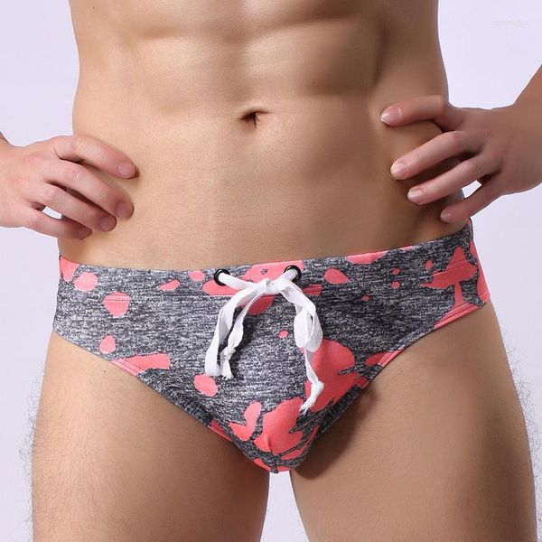 Underpants homens troncos moda sexy impressão camuflagem briefs roupa interior hommes cintura baixa gay bolsa laço calcinha bikini spa