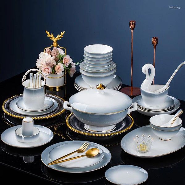 Pratos cinza esmalte conjunto moderno luz luxo cerâmica completa talheres jingdezhen 40 peças de pratos para 6 pessoas