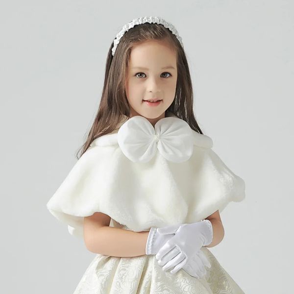 Cappotto Ragazze di fiore Addensare Peluche Bolero Coprispalle Principessa Bianco Cappotto di pelliccia sintetica Spalla Mantella Abito da sposa Scialle Avvolge Stola Bowknot 231108