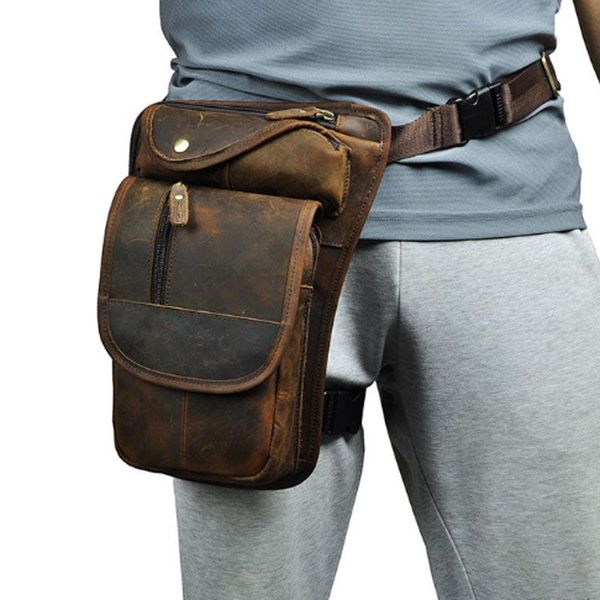 Bolsas de cintura de couro de vaca de vaca real coxa de caça -lase saco de perna vintage clássico genuíno de motocicleta de quadril fanny pack messenger