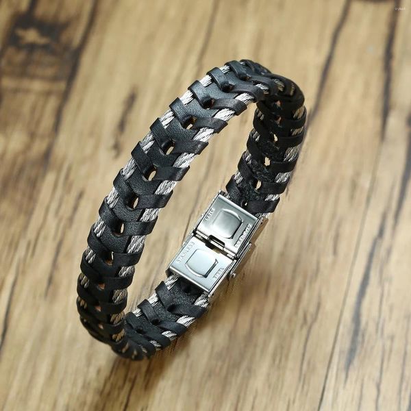 Bracelets de link mensagens de couro genuíno preto 13 mm de largura de aço inoxidável de aço inoxidável elegante pulseira masculina masculina