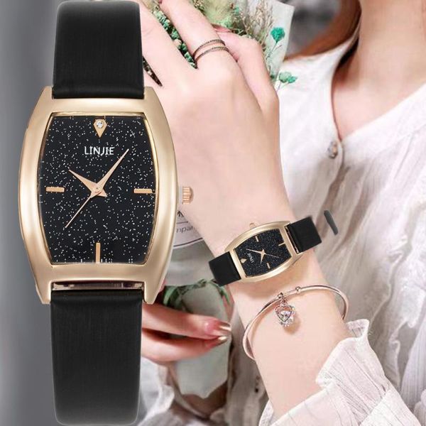 Relógios de pulso simples retângulo Mulheres relógios estrelados Sky Dial Design Ladies Fashion Casual Couro preto Relógio Zegarki Damskie