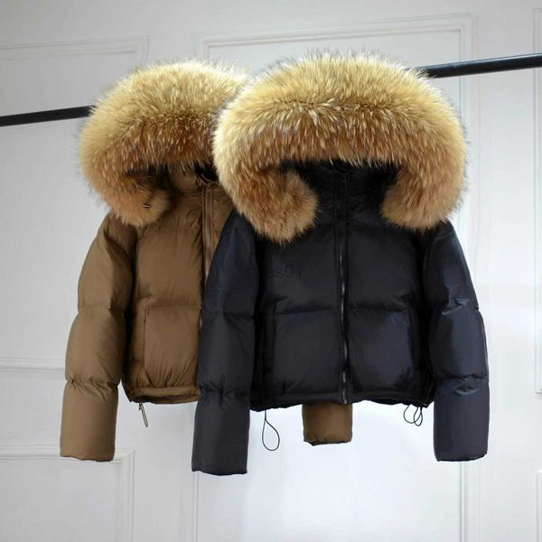 Mulheres para baixo parkas inverno enorme real pele de guaxinim com capuz curto puffer jaqueta feminina grosso quente solto bolha para baixo casaco feminino preto impermeável parkas zln231109