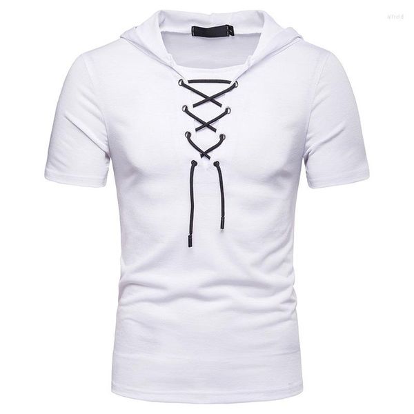 Camisetas masculinas 2023 verão algodão camisa casual cadarço design mangas curtas tendências masculino fitness hip hop streetwear tops camisetas