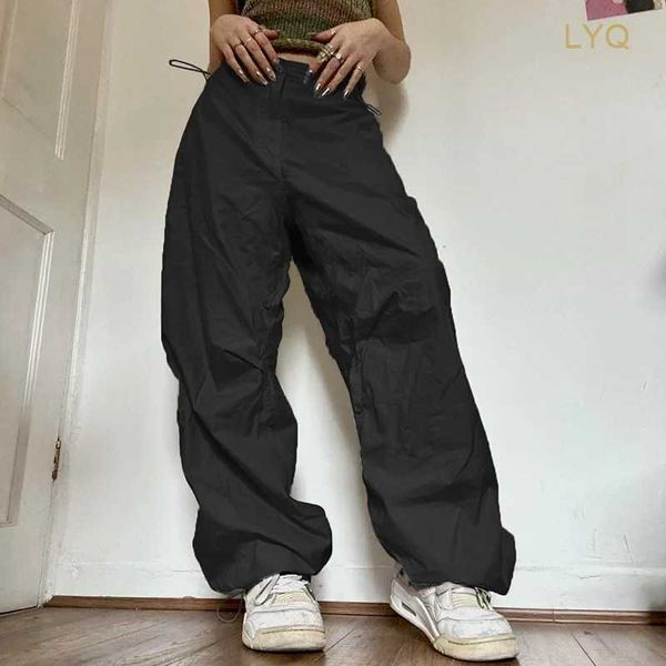 Calças femininas capris mulheres y2k carga casual vintage cordão tecnologia corredores sweatpants streetwear hip hop bege calças largas calça 20x3