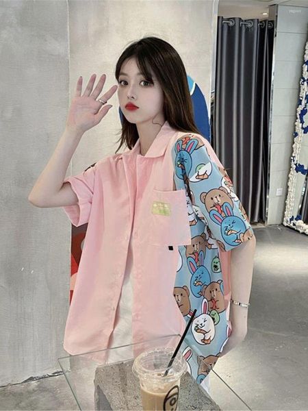 Camicette da donna Cute Pink Summer Loose Patchwork Shirt Women Cool Gothic Hip Hop Top Abbigliamento Harajuku Manica corta Stampa orso T Girl