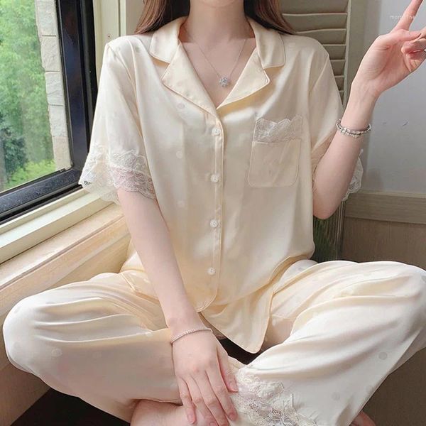 Kadınlar için Kadınlar İlkbahar Yaz Pamas Kadınlar İçin Kısa Kollu Dantel Sıradan Ev Giyim Giyim Yakası Top Pantolon Takım Konforlu Pijama