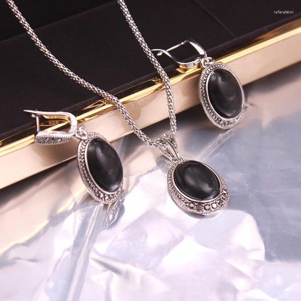 Комплект ожерелья и серег Ajojewel, овальный черный/синий камень из смолы для женщин, простой винтаж, оптовая продажа