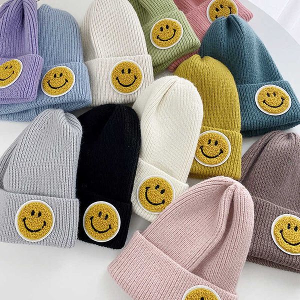 Damen Winter Smiley Face Label Mütze Paar Wollmütze Bonbonfarbene modische Pullover Strickmütze