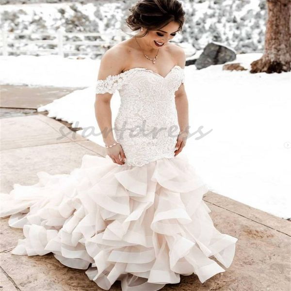 Elegante vestido de noiva sereia com babados em camadas trem plus size renda país jardim ao ar livre vestido de noiva querida inverno robe mariage luxo vestidos de novia