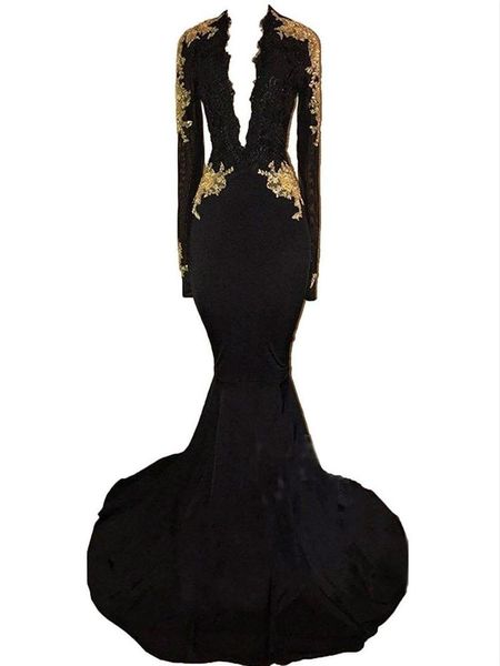 Vestidos de festa Mermaid Black Prom Gold Apliques 2023 Manga longa Pageant Arábica Dubai Vestido de noite de vestidos formais
