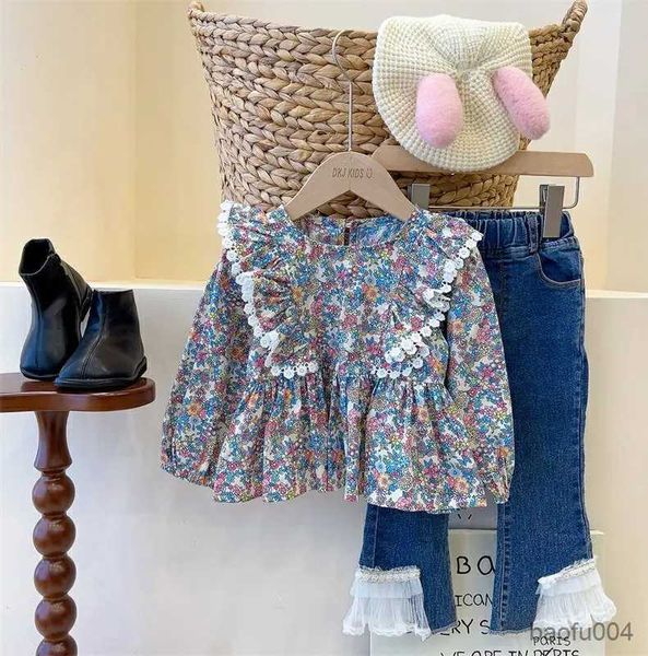 Set di abbigliamento Primavera autunno nuovo stile per bambini moda camicetta a maniche lunghe Camicie + jeans in pizzo 2 pezzi di abbigliamento