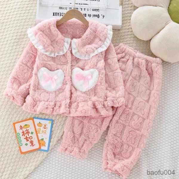 Set di abbigliamento set di bambini in autunno primaverile set di abbigliamento dolce piccola principessa costume da casa carino peluche + pantaloni 2 pezzi outfit bambini pigiama abito R23109