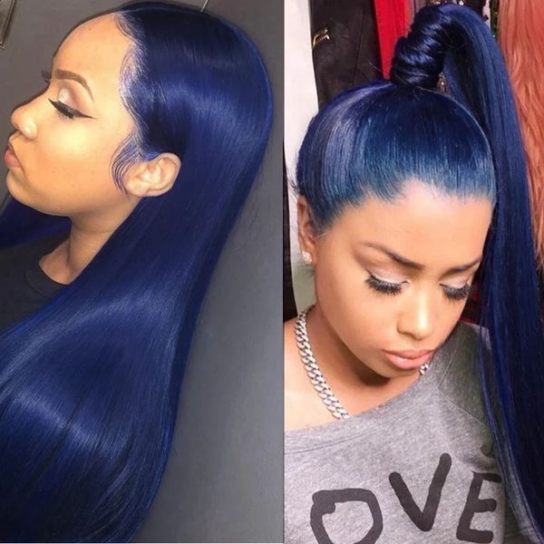 Бразильский темно-синий кружевной фронтальный парик, предварительно выщипанные цветные прямые синтетические парики с косточкой, косплей