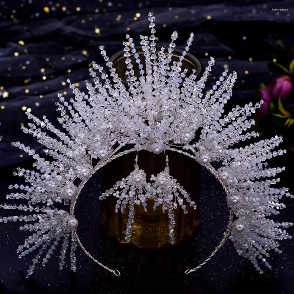 Grampos de cabelo noiva casamento coroa headdress branco cristal pérola bandana artesanal frisado acessórios com brincos luxo