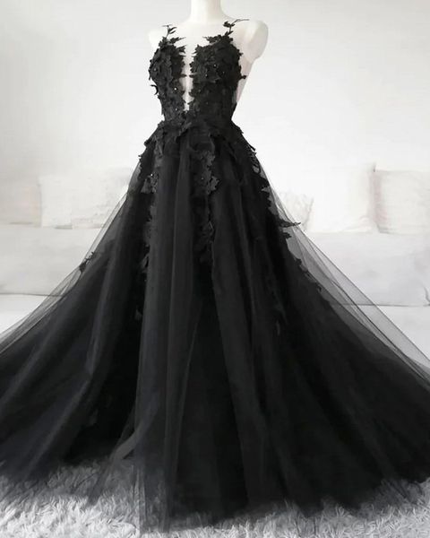 2024 gótico preto formal vestido de baile sexy sem costas lado alto divisão a linha apliques rendas vestidos de festa à noite customed robes de soiree