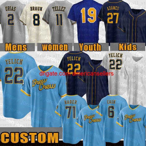 Camisas de beisebol personalizada 22 Cristão Yelich Jersey Willy Adames Robin Yount Lorenzo Cain JC Mejia Hunter Renfro