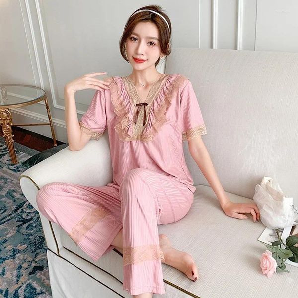 Женский костюм для сна, летние пижамы для женщин, простой легкий роскошный пижамный комплект с короткими рукавами, домашняя одежда из 2 предметов