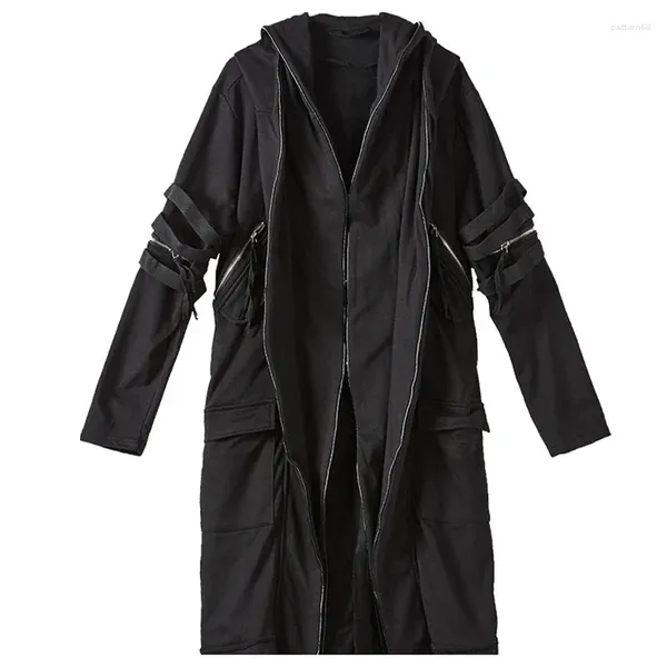 Мужские куртки Темно-готический панк длинное пальто Плащ Халат с капюшоном Уличная одежда Ветровка с несколькими карманами Мужская куртка