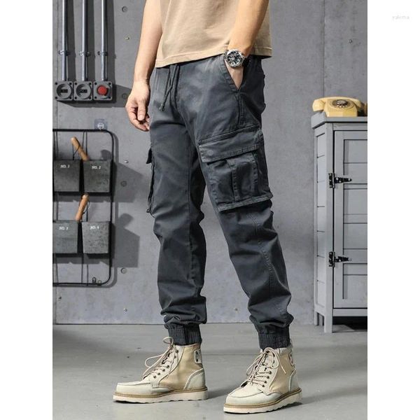 Calças masculinas primavera verão algodão carga multi-bolsos exército militar fino ajuste corredores workwear casual calças táticas