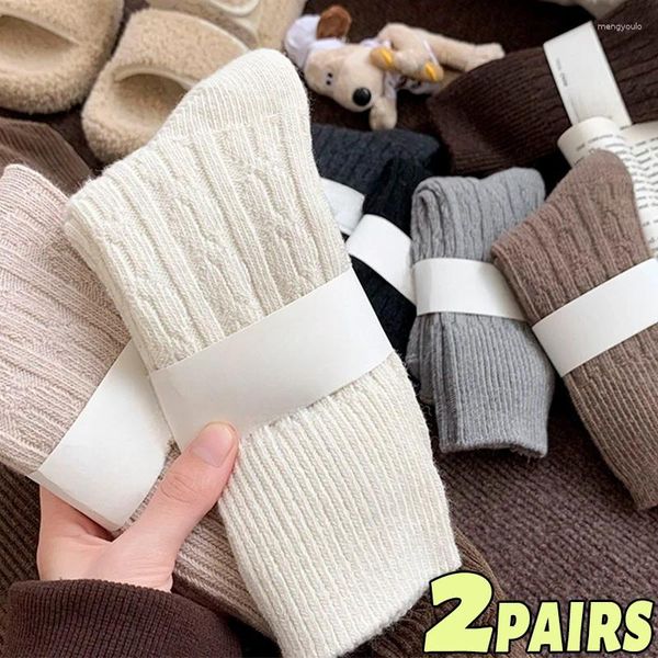 Meias masculinas 1/2 pares inverno cashmere lã mulher meia sólida estilo japonês harajuku retro longo mulheres meninas térmica streetwear tripulação