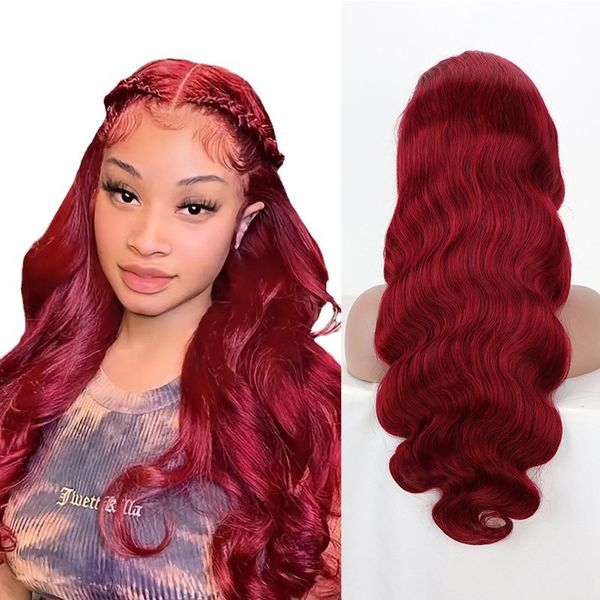 99j Borgonha Lace Front Wigs Cabelo Humano Sem Cola Vinho Tinto Colorido Corpo WavePre Arrancado com Cabelo de Bebê 180 Densidade 13x4 HD Perucas Frontais de Renda Transparente para Mulheres