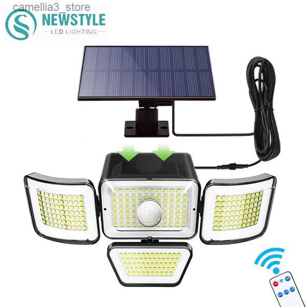 Luzes de parede solares 186/278/333 LED Lâmpada solar ao ar livre 4 cabeças Luz de inundação de segurança à prova d'água com sensor de movimento para decoração de jardim luz de parede 3 modos Q231109