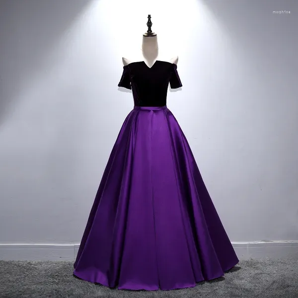 Vestidos de festa elegante baile de formatura mangas curtas cetim uma linha roxo barco pescoço vestido longo vestidos formais