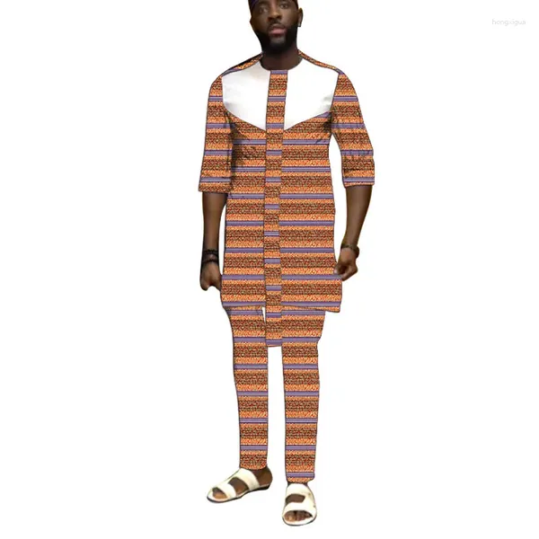 Tute da uomo Top patchwork Set stile nigeriano Pantaloni maschili stampati Abiti da festa di nozze alla moda africana