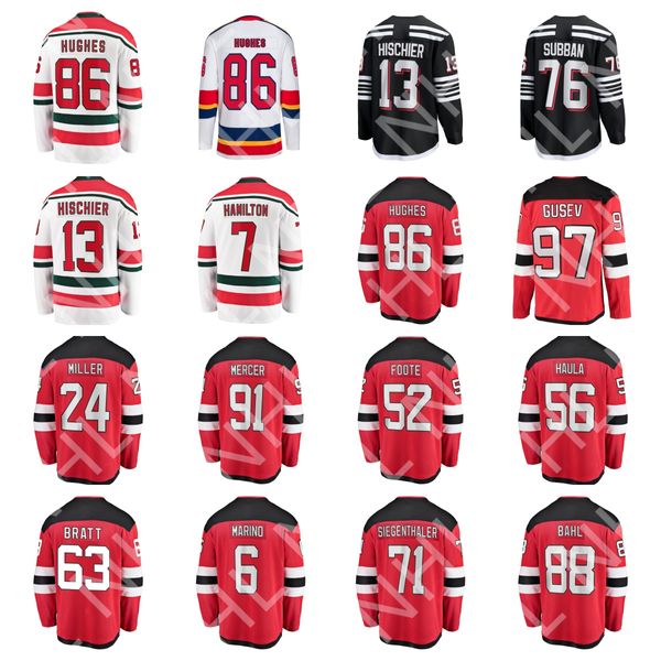 Новые мужские хоккейные майки № 86 JACK HUGHES № 13 NICO HISCHIER № 7 DOUGI HAMILTON № 43 LUKE HUGHES № 28 TIMO MEIER домашняя футболка игрока на выезде черный белый красный