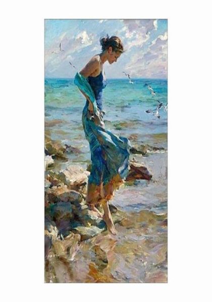 pela praia mulher em vestido azulPure Pintado à Mão Impressionismo Retrato Arte Pintura A Óleo Sobre Telatamanho personalizado aceito welc1182641