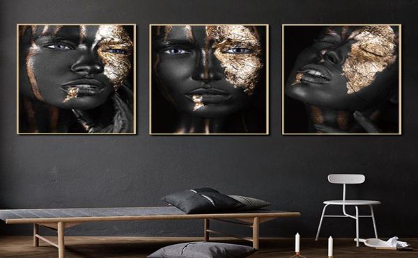 Африканская черно-золотая женщина Куадрос HD картина маслом на холсте, постеры и принты, скандинавские настенные художественные картинки для гостиной7477015
