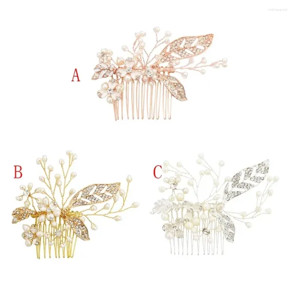 Grampos de cabelo luxo imitação pérolas cristal pentes headdress baile nupcial casamento rosa cor folha flor para mulheres jóias