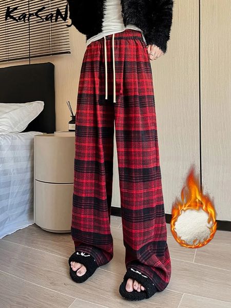 Pantaloni da donna Capris Pantaloni scozzesi caldi invernali per le donne Pantaloni in pile a vita alta Pantaloni larghi casual in velluto rosso dritto Abbigliamento invernale da donna 231108