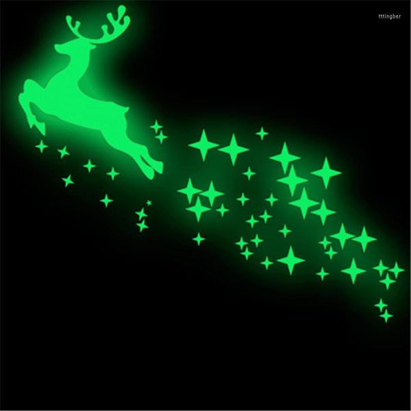 Pegatinas de pared que brillan en la oscuridad, alce corriendo, decoración del hogar, calcomanías luminosas de estrellas de Navidad para el techo del dormitorio de los niños