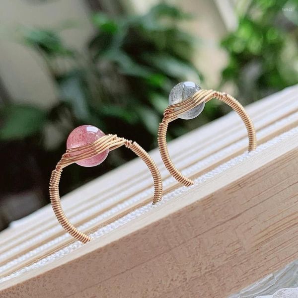 Anéis de casamento Cura de pedra de cristal natural para mulheres arame embrulhado em lua cinza Labradorita Rosa Pink Strawberry Quartz Bands