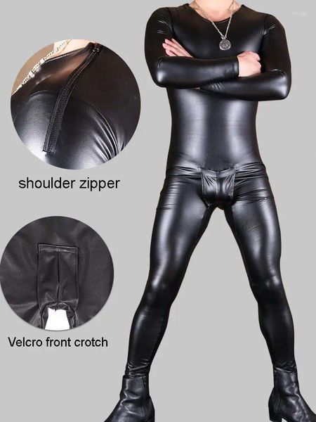 Herren-Körperformer, S-5XL, Winter-Fleece-PU-Leder-Catsuit, Herren-Thermounterwäsche, enger warmer Body, Overall, Trikot, verbundener Pyjama