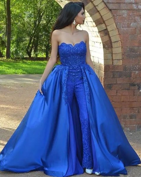 Vestido de baile Royal Blue Party Vestidos de Noite Personalizado Plus Size Lace Up Zipper Novo Cetim Sem Mangas Lantejoulas Calça Ternos Strapless Applique Frisado Lace