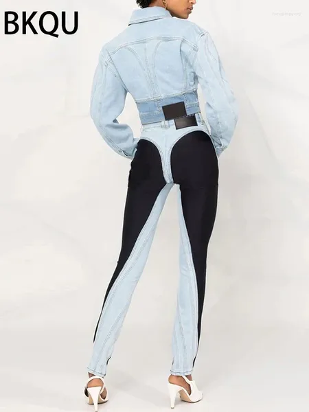 Jeans femininos bkqu mulheres moda lápis calças chique cintura alta contrato cor patchwork lavado longo denim elástico calças skinny