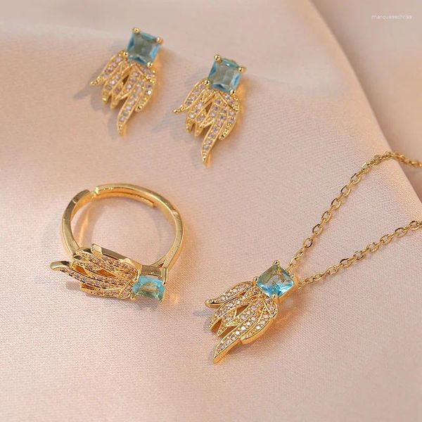 Halskette Ohrringe Set Braut See Blau Quadrat Zirkon Lava Ohrstecker Ring Anhänger Gold Farbe Schlüsselbein Halsketten Für Frauen Party Geschenke