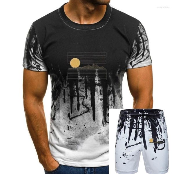 Fatos masculinos tinta arte sol montanhas retro asiático zen camiseta minimalista yin yang tee modelos básicos